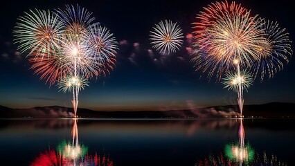 Vibrant Colorful Fireworks Display Reflected On Calm Water At Night.