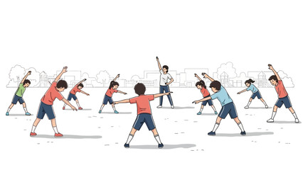 Children and a teacher performing warm-up exercises outdoors, fostering active lifestyles, health, and fitness through engaging group physical education