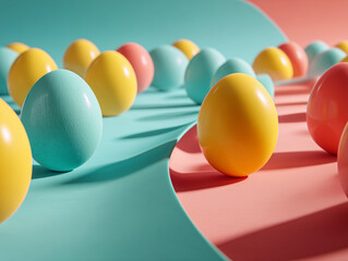 Colorful Easter eggs arranged on a vibrant pastel pink and blue background. Modern minimal composition with shadows and soft light. Ideal for spring or holiday themes.