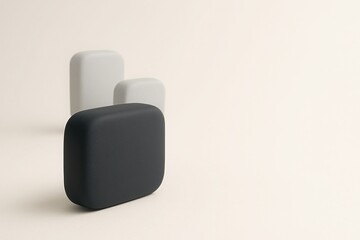 One large matte dark block representing core system in front with two smaller light gray blocks behind, arranged on soft bright background with premium 3D depth and clean composition