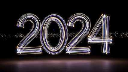Number 2024 Written With Light Painting Effect On Dark Background New Year Concept.
