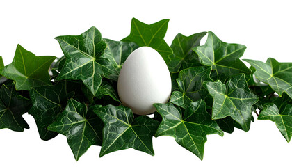 A single white egg rests amid lush, green ivy leaves