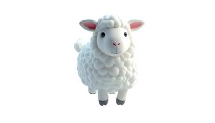 Cartoon sheep with fluffy wool and pink ears, floating on a black void