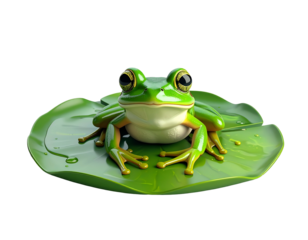 A vibrant, detailed frog perches on a lily pad against a black background