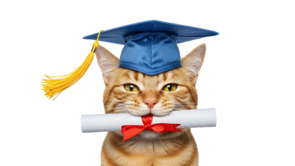 Funny ginger cat wearing graduation cap holding diploma scroll isolated on white