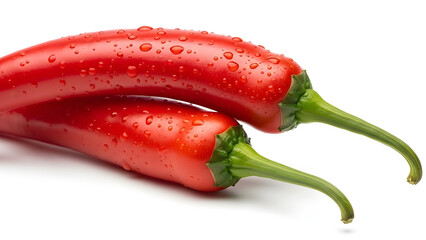 Two fresh red chili peppers with water drops on white background