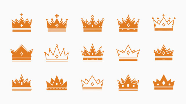 Set of Crown Icons Vector. Diverse collection of royal king and queen crown symbols in orange color for success, premium, award, and logo design.