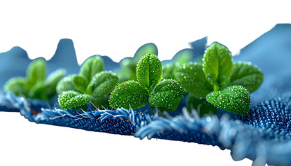 Dew-kissed green sprouts emerging from textured blue fabric