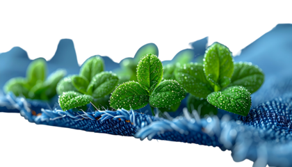 Dew-kissed green sprouts emerging from textured blue fabric