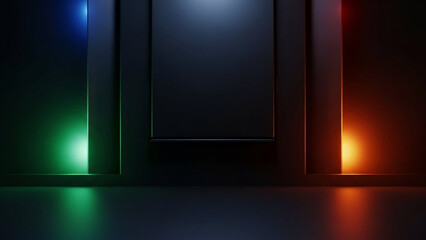 Minimalist dark stage with colorful vertical light panels.