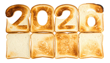 2020" made of toast, half-burnt. Lower half, plain. Black background