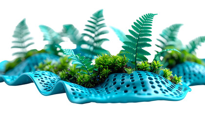 Sculpted, aqua-toned landscape with plant life emerging
