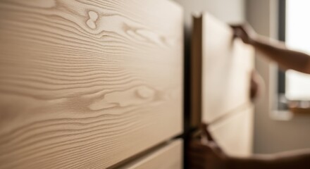 Closeup on the natural wood grains of acoustic panels during installation conveying aesthetic and acoustic benefits.