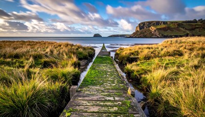 Scenic Coastal Path Leading to Tranquil Beach and Ocean View.