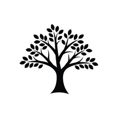 Simple black tree silhouette with leaves on white background