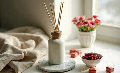 Minimalist reed diffuser with ceramic bottle on a marble base near a window with soft daylight and decorative elements
