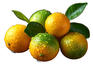 Group of fresh citrus fruits with leaves and water droplets