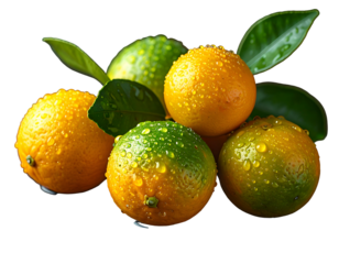 Group of fresh citrus fruits with leaves and water droplets