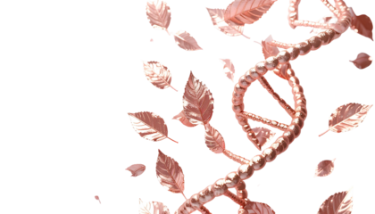 A metallic DNA strand intertwined with falling, stylized autumn leaves