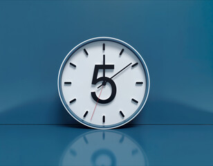 A minimalist white clock with a prominent black number five on a reflective blue background, symbolizing time or a deadline.