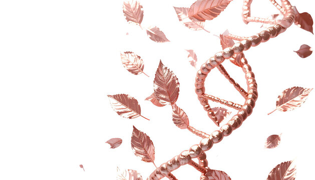 A metallic DNA strand intertwined with falling, stylized autumn leaves - Powered by Adobe