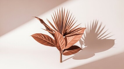 Elegant bronze plant with sharp leaves casting a dramatic shadow on a light background.
