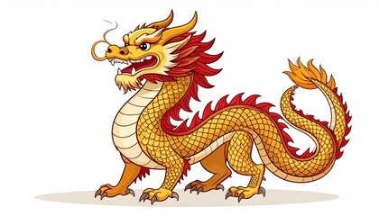 Naklejka premium Vector illustration of traditional Chinese Liong dragon, full body, bold outlines, flat colors, festive red and gold palette, clean composition, isolated on white background, scalable stock design.