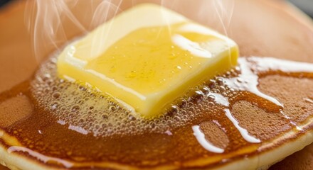 Warm, melting butter and sweet syrup on a stack of fluffy pancakes, creating a delicious breakfast treat.