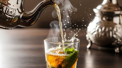 A close-up shot of pouring tea into a glass with mint