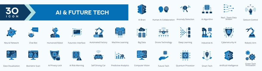 AI and Future Tech icons collection vector images Duo Tone set.
containingai brain , human ai collaboration , anomaly detection , ai algorithm and more.
for Web icons set.