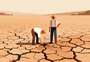 Two farmers survey parched, cracked earth in a barren landscape