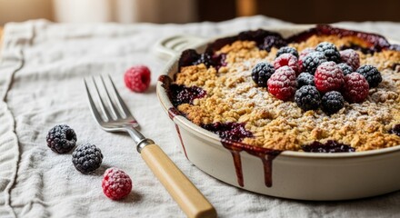 Delicious berry crumble dessert with crispy topping and fresh berries, dusted with powdered sugar.