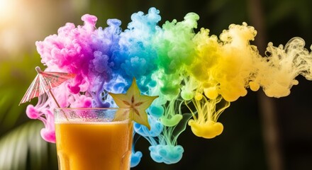 Vibrant rainbow colored ink clouds swirling around a refreshing tropical drink garnished with star fruit.