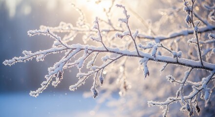 Delicate frosted branches glisten in soft winter sunlight, evoking a sense of serene beauty and quiet stillness.