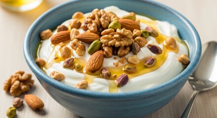 Nourishing bowl of creamy yogurt topped with a generous mix of nuts and a drizzle of honey.
