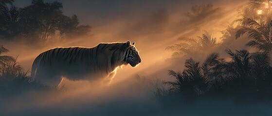 Majestic tiger standing in misty forest at sunrise