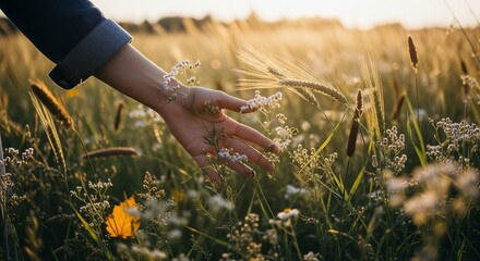 Gentle hand brushes through golden field at sunset, feeling the warmth and beauty of nature.