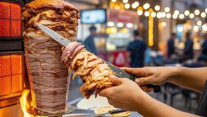 Slicing a delicious Shawarma at a vibrant street food stall. Capturing the essence of a bustling culinary scene with a focus on fresh ingredients and expert craftsmanship.