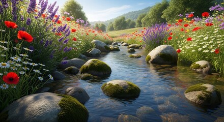 Serene stream flowing through a vibrant meadow filled with colorful wildflowers and lush greenery under a sunny sky.