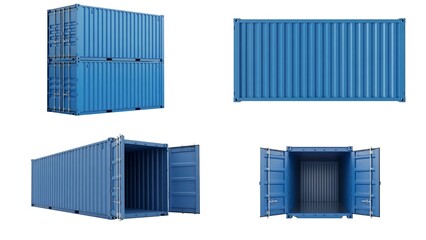 Top View of Blue Shipping Container with Stacked, Front Open, and Side Perspective Views Isolated on White
