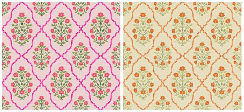 Traditional Mughal motif design illustrations seamless patterns with floral for fabric, textiles, clothing, wrapping paper.	