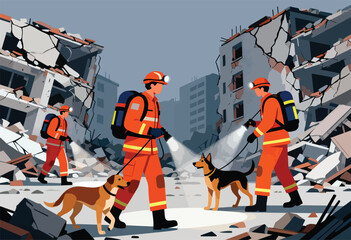 Rescuers and search dogs navigate rubble of destroyed buildings