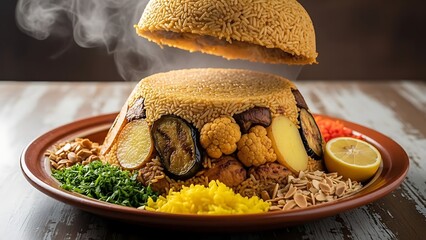 A beautifully presented culinary creation featuring a variety of fresh ingredients on a plate, with steam rising gracefully. The arrangement suggests a delicious meal, prepared with care and skill.