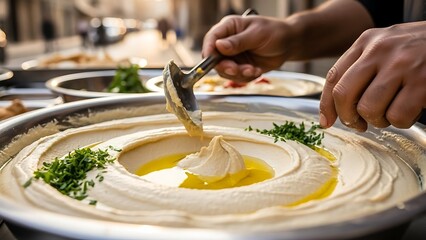 A person adding the final touches to a delicious hummus