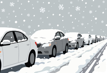 Cars covered in snow stuck in a traffic jam during a blizzard