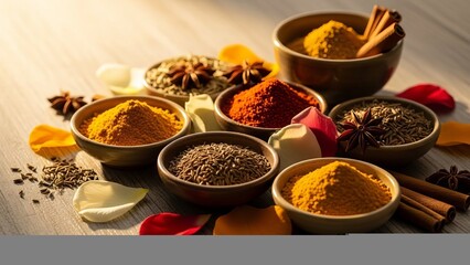 Vibrant assortment of colorful spices and herbs in rustic bowls, artfully arranged with scattered seeds and petals.