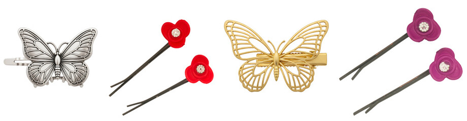 an elegant assortment of decorative hairpins, featuring intricate butterfly designs and vibrant floral elements, perfect for sophisticated hairstyles in a realistic illustration.
