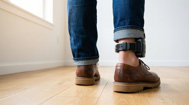 Person wearing electronic ankle monitor standing on wooden floor in a room with white walls and window