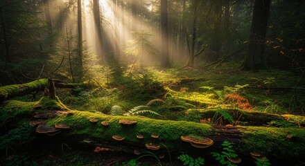 Sunbeams illuminate a mossy forest floor with fallen logs and lush greenery, creating a serene and magical atmosphere.