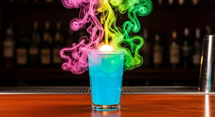 Vibrant blue cocktail creating colorful, swirling smoke on a bar counter.